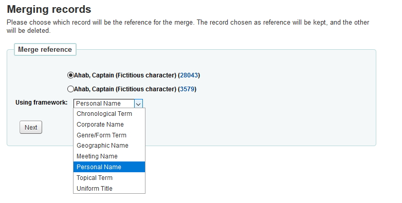 Der Screenshot zeigt den obersten Datensatz, der als Primär ausgewählt ist, wobei das Menü „Framwork verwenden“ geöffnet und „Persönlicher Name“ ausgewählt ist