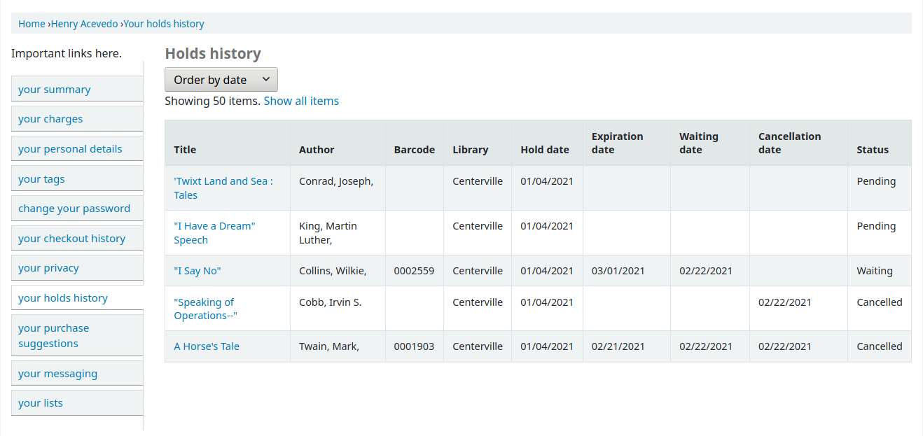 Screenshot der Tabelle Vormerkungshistorie im Benutzerkonto im OPAC.