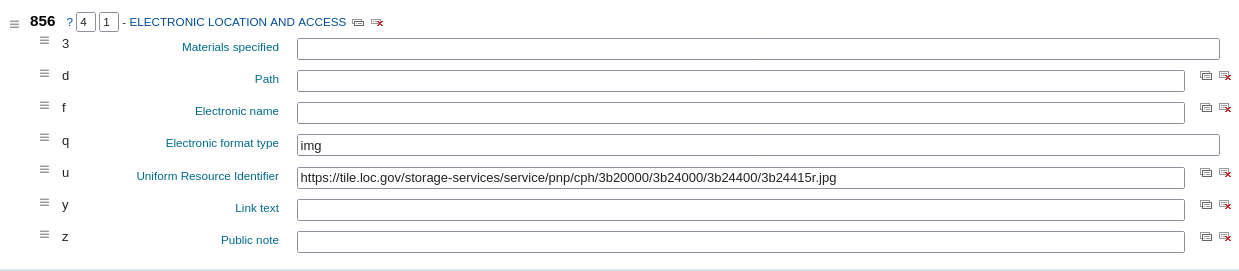 856 field in the cataloging form; 856q contains img and 856u contains a link to an image