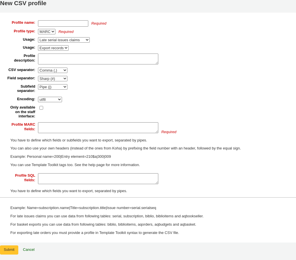 Add new CSV profile form