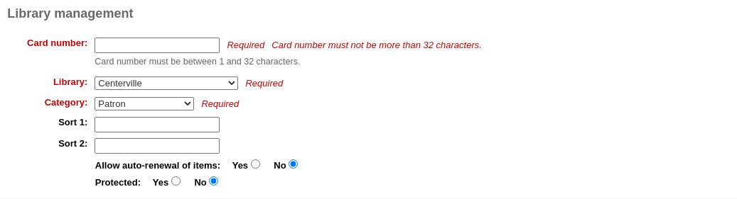 'Library management' section of the patron form