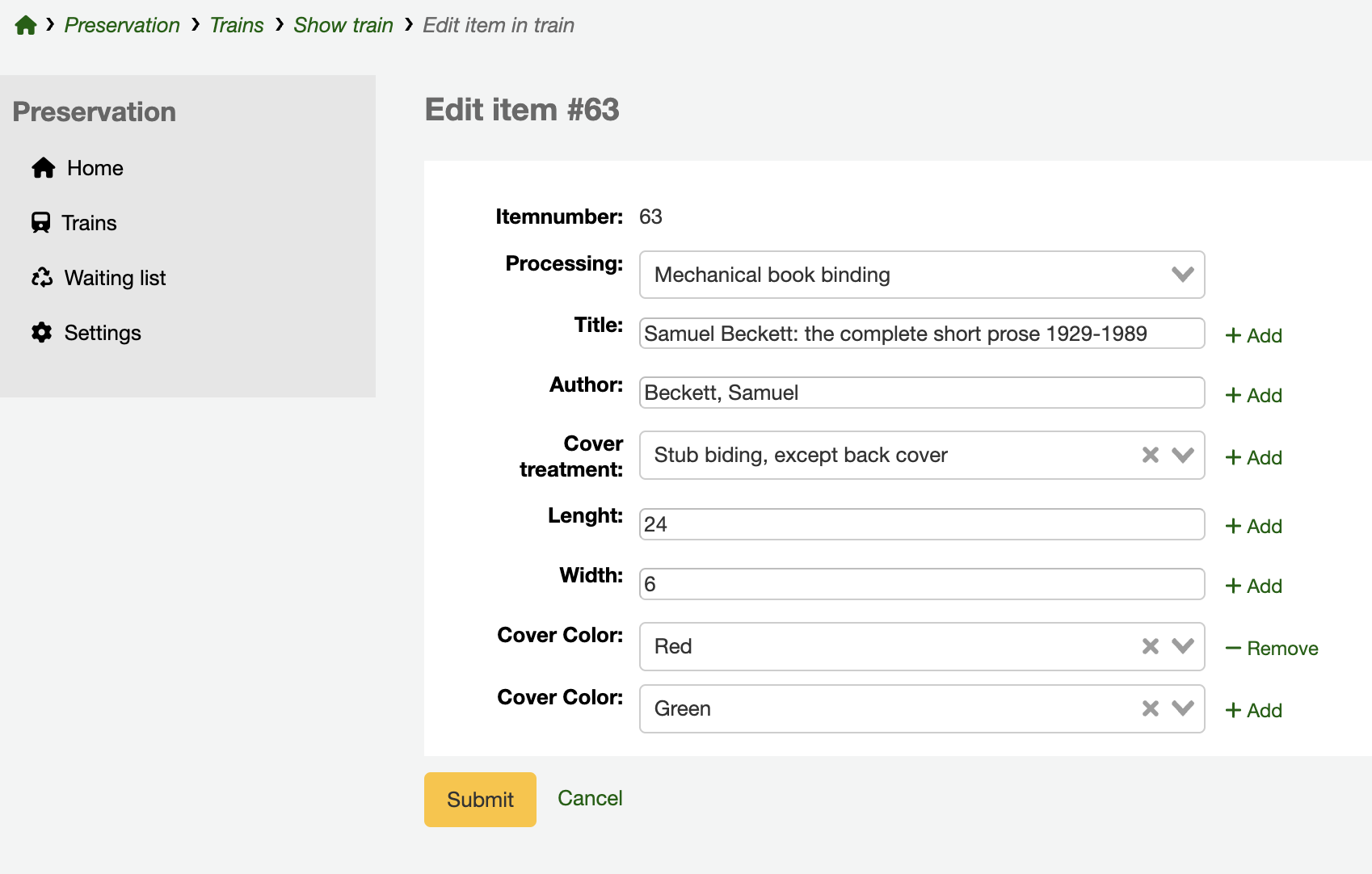 item form showing multivalued attributes