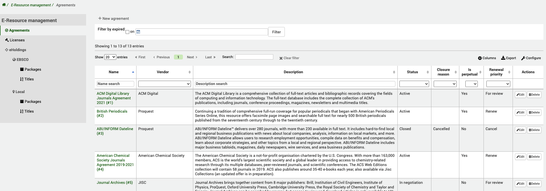 Agreements page in the E-Resource management module, showing a table of existing agreements.