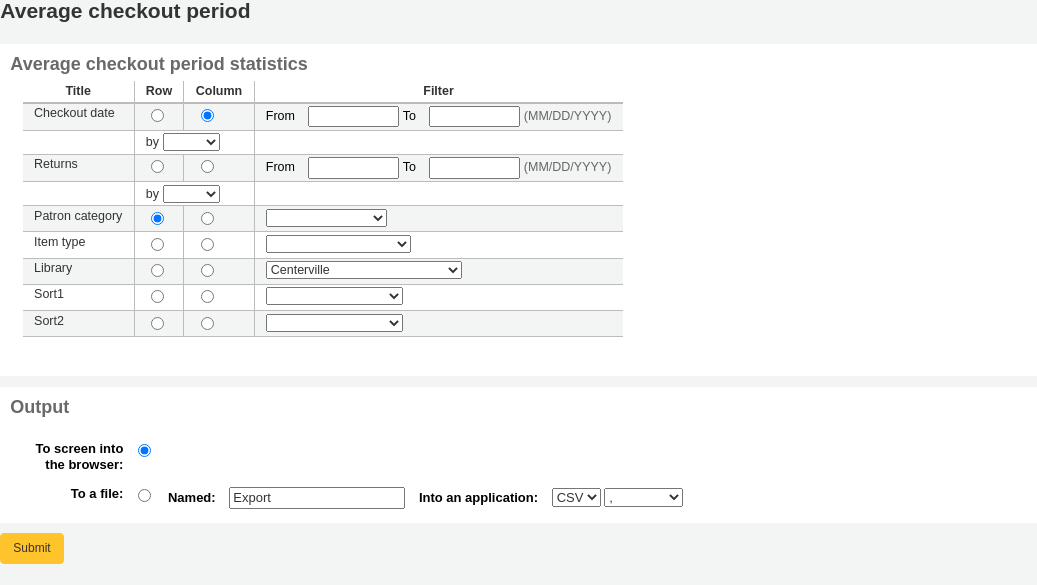 Wizard to generate report for average loan time, with options to select the report parameters (checkout date, patron category, item type...)