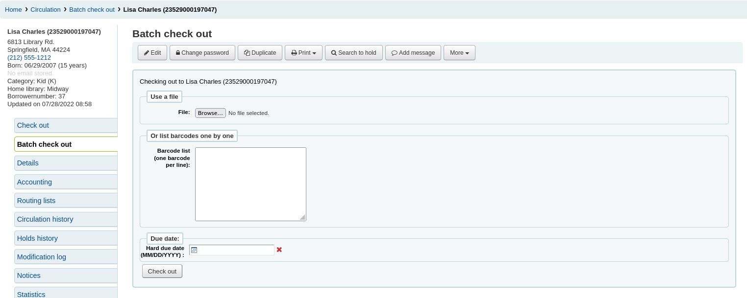 Batch checkout page in a patron file, there is an option to import a file, manually enter barcodes, and add a hard due date