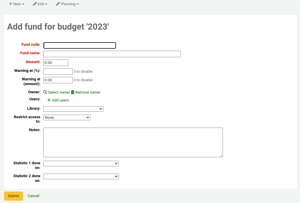 Form to add a new fund