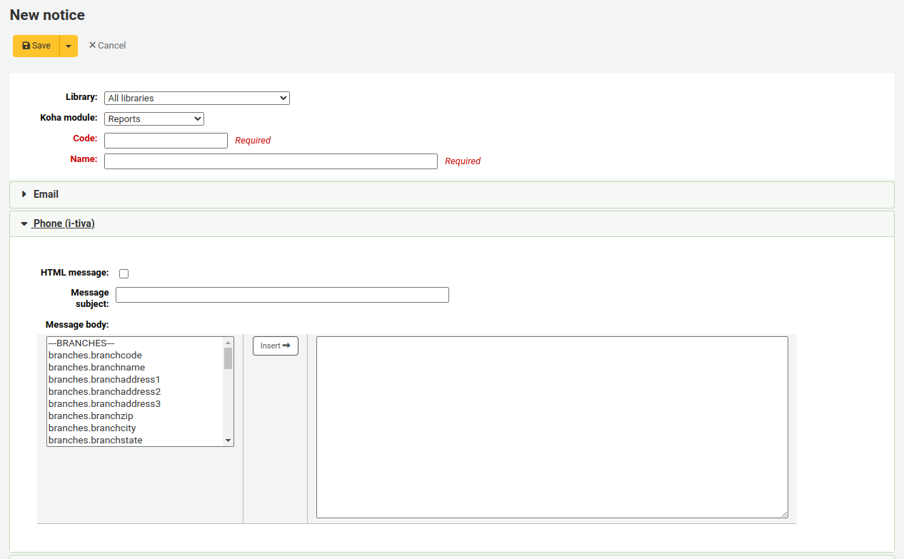 Form to create a new notice, the Phone (i-tiva) section is expanded