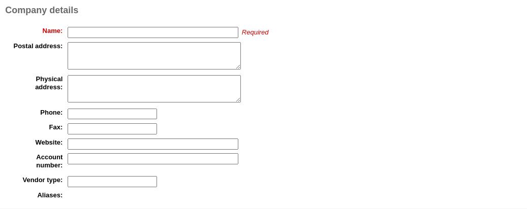 Company details section of the new vendor form