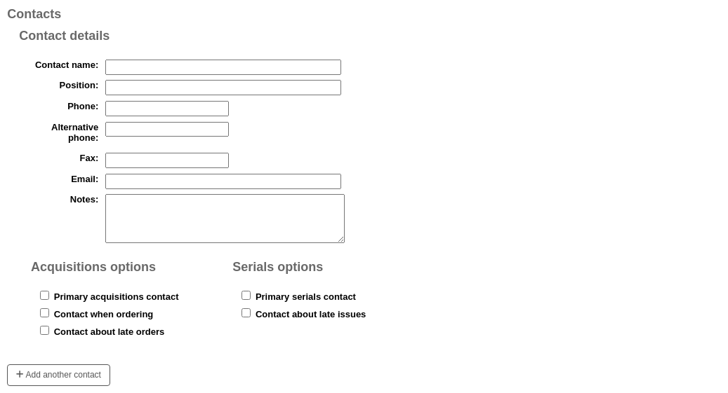 Contacts section of the new vendor form