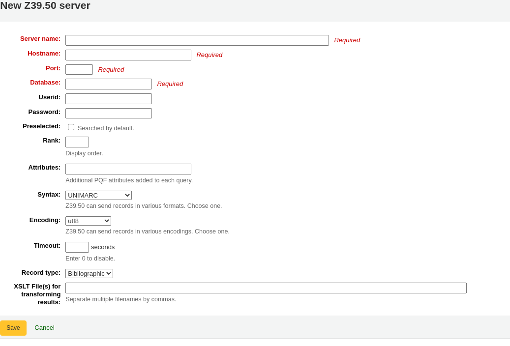 New Z39.50 server form