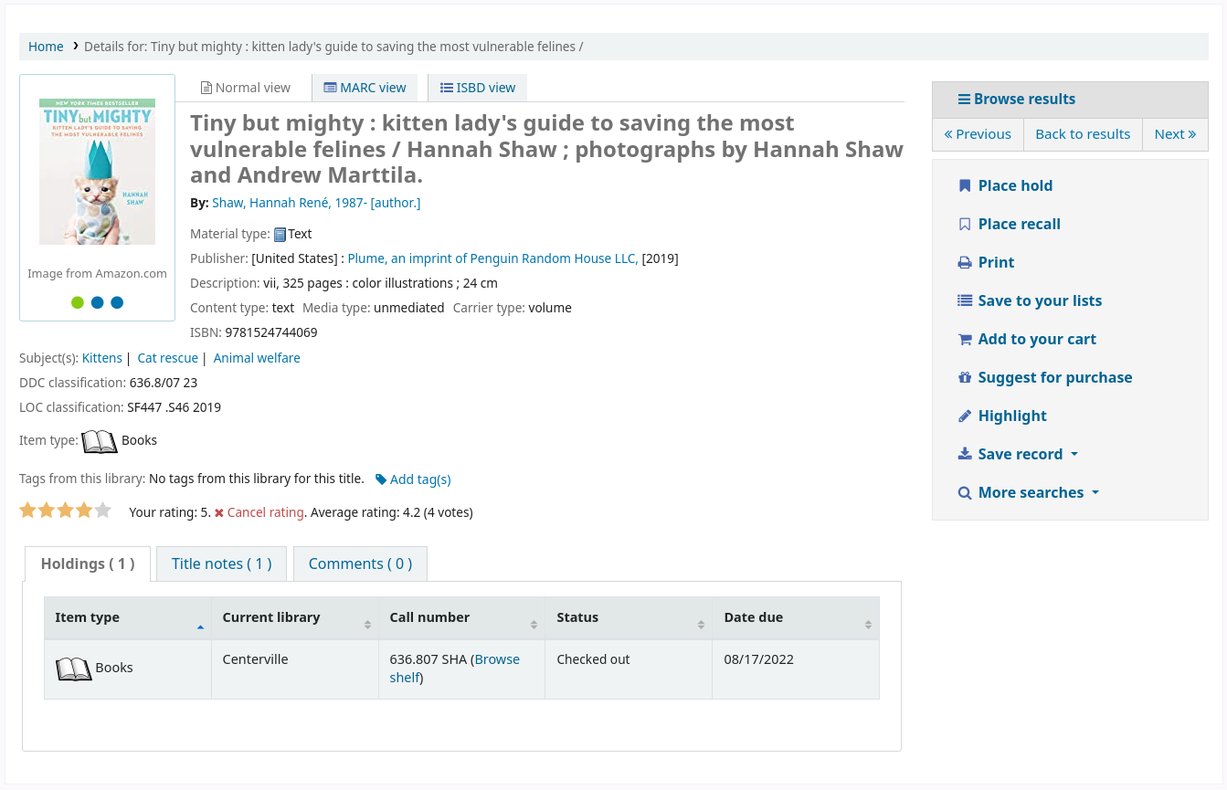 Bibliographic record details page in the OPAC