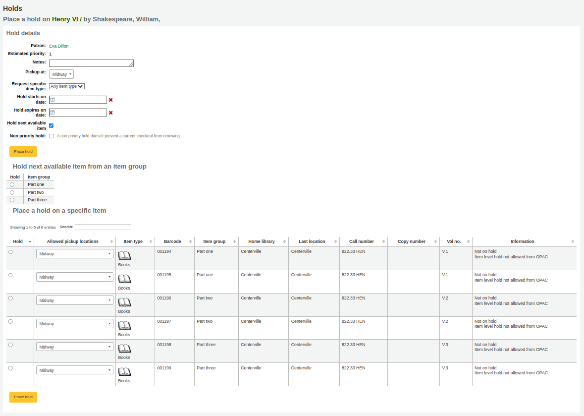 Form for placing a hold on a single bibliographic record