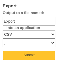 The Export options for the budget planning, the fields are Output to a file named (set to Export by default), Into an application (set to CSV by default) and an unnamed field for the CSV separator (set to a comma by default).