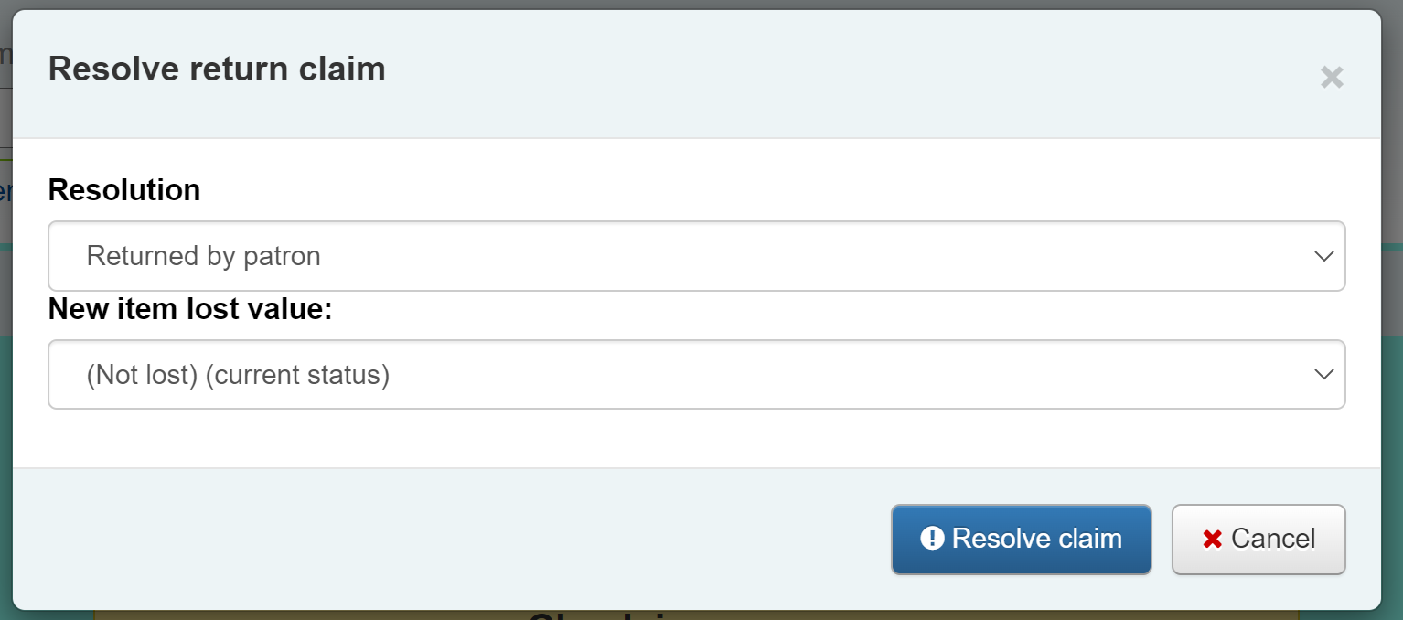 'Resolve return claim' pop-up with one field for the resolution and the new item lost value