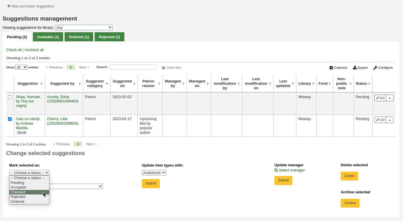 Pending suggestions page, one suggestion is checked and the cursor is choosing a new status in the Change selected suggestions section below