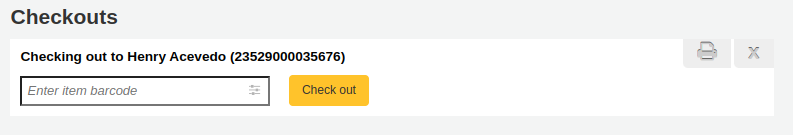 The checkout box in a patron file, in the top right corner of the box, there is a printer button and an X button
