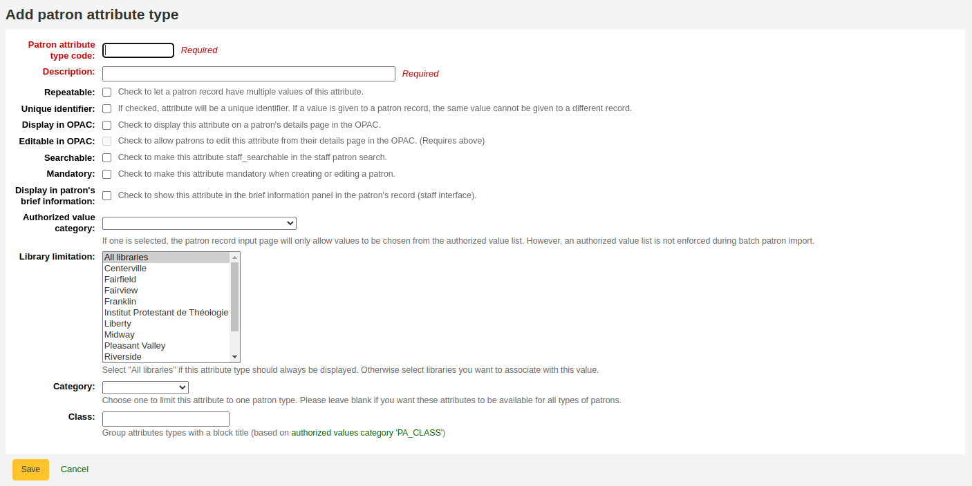 Patron attribute form