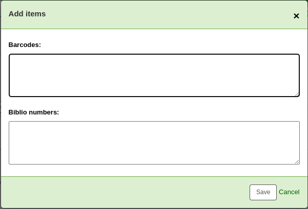 Window to add items to a list by barcode or biblionumber