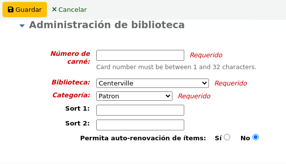 'Library management' section of the patron form