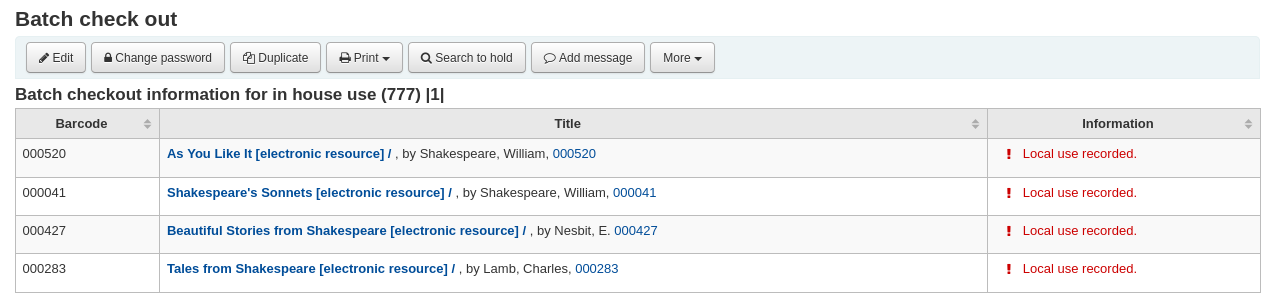 Batch checkout to a statistical patron, all checkouts were recorded as local use