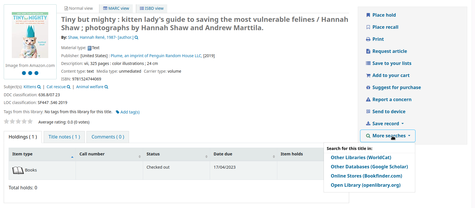 The detailed view of a bibliographic record, in the options on the left, the 'More searches' option is open and options to search for this title in various external catalogs are displayed