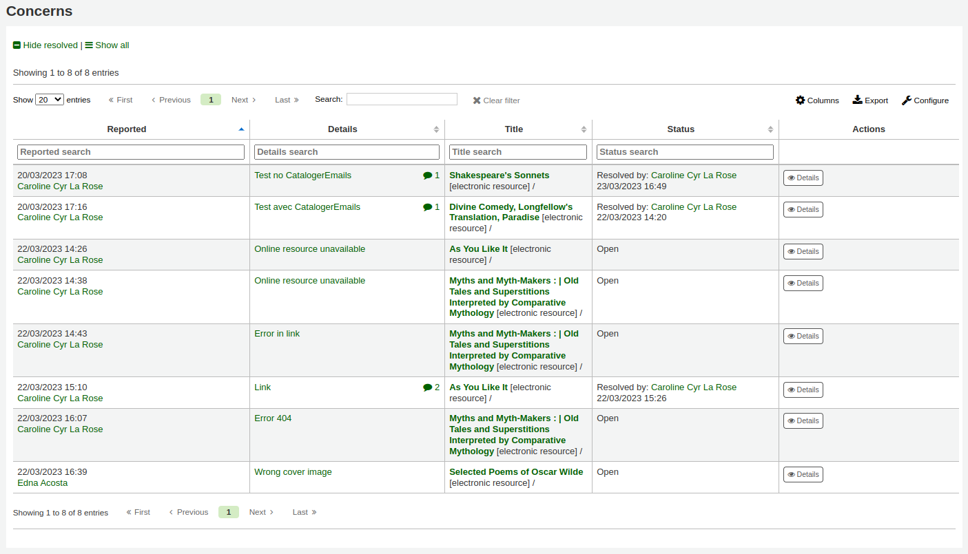 Catalog concerns report, showing the date, reporter's name, details, title of the concerned bibliographic record, and status, with a 'Details' button