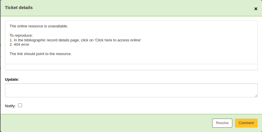 Details of a catalog concern, the text the reporter submitted is visible, there is a field to enter an update, a 'Notify' check box, and buttons are 'Resolve' and 'Comment'