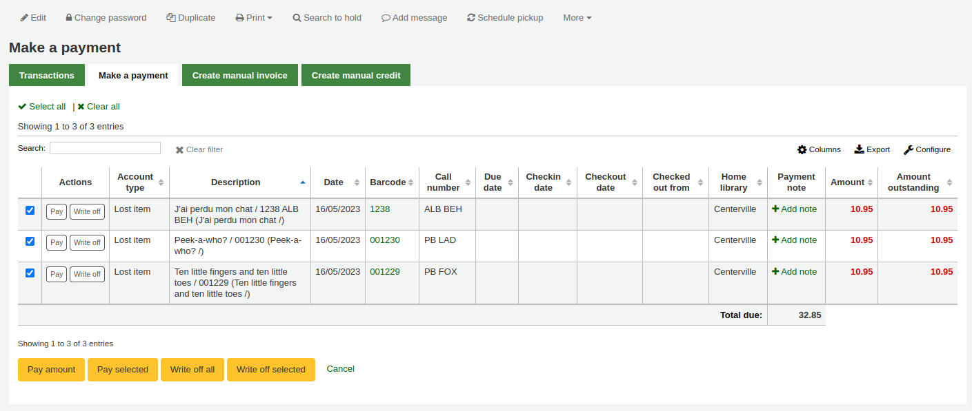 Make a payment tab in the patron's accounting section