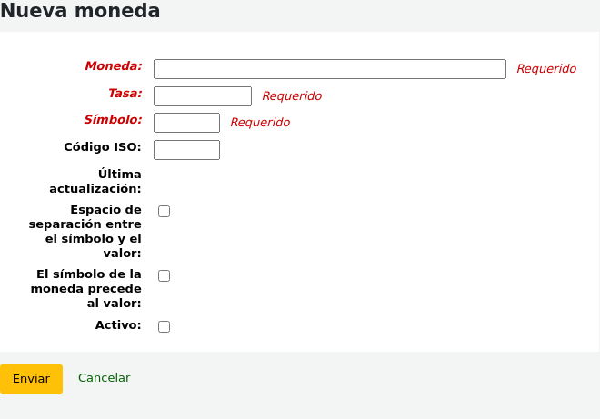 Form to add a new currency