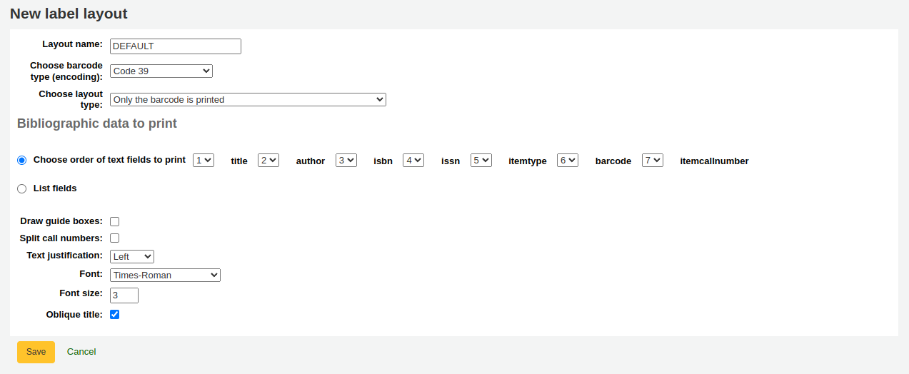 New label layout form