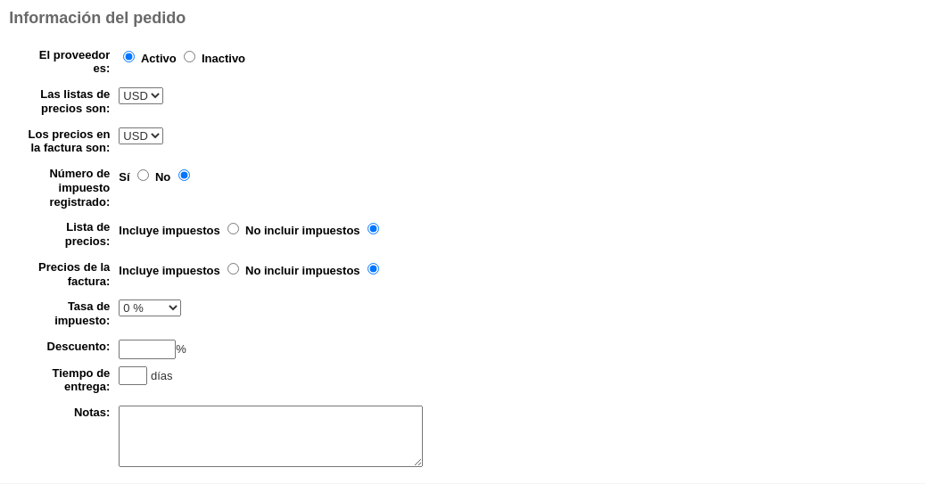 Ordering information section of the new vendor form