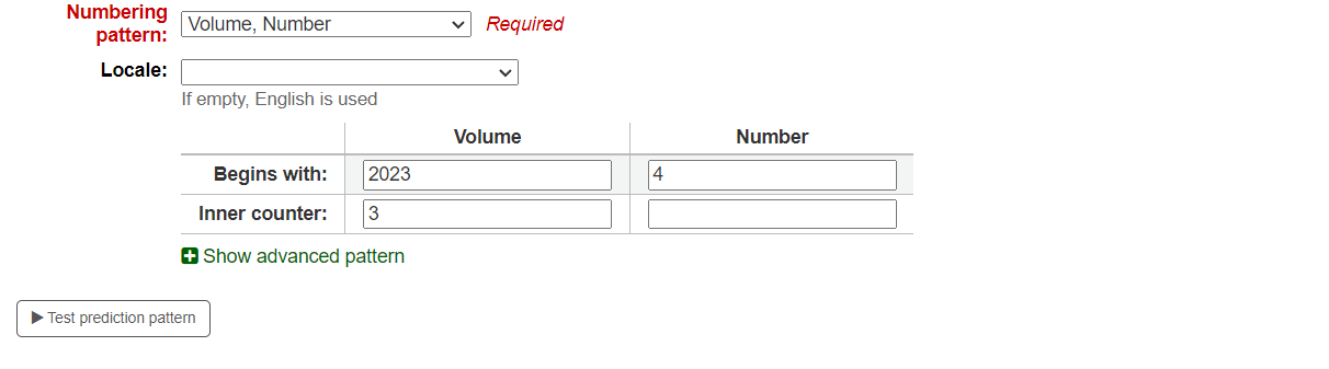 Table to enter the starting numbers for the numbering pattern