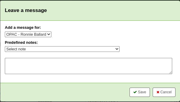 Pop-up modal for 'Add message' with the option 'Add a message for OPAC - Patron's name' chosen