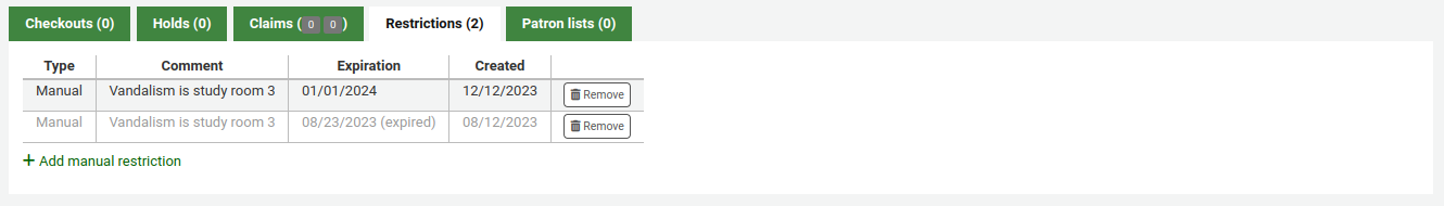 List of restrictions currently on the patron's file, with the type of restriction, the comment, the expiration date and the date it was added. One of the restrictions expired in the past and is displayed in gray with the (expired) mention next to the date