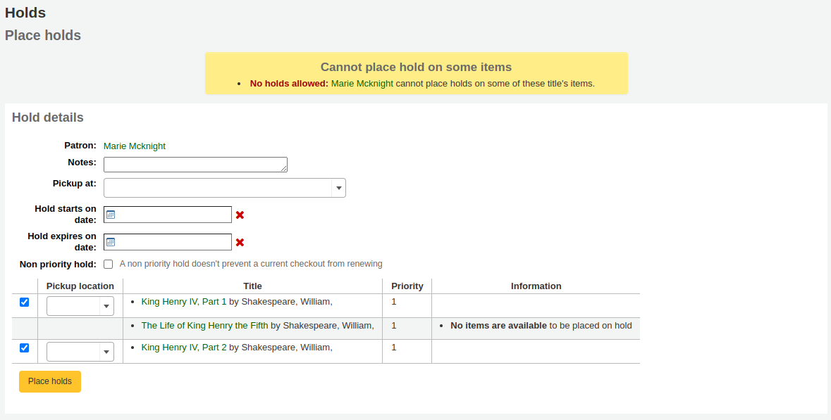 Form for placing holds on multiple bibliographic records