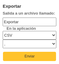 The Export options for the budget planning, the fields are Output to a file named (set to Export by default), Into an application (set to CSV by default) and an unnamed field for the CSV separator (set to a comma by default).