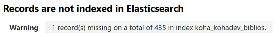 Warning message that appears in the system information tab of the page "About Koha" about records not indexed in Elasticsearch: "1 record(s) missing on a total of 435 in index koha_kohadev_biblios."