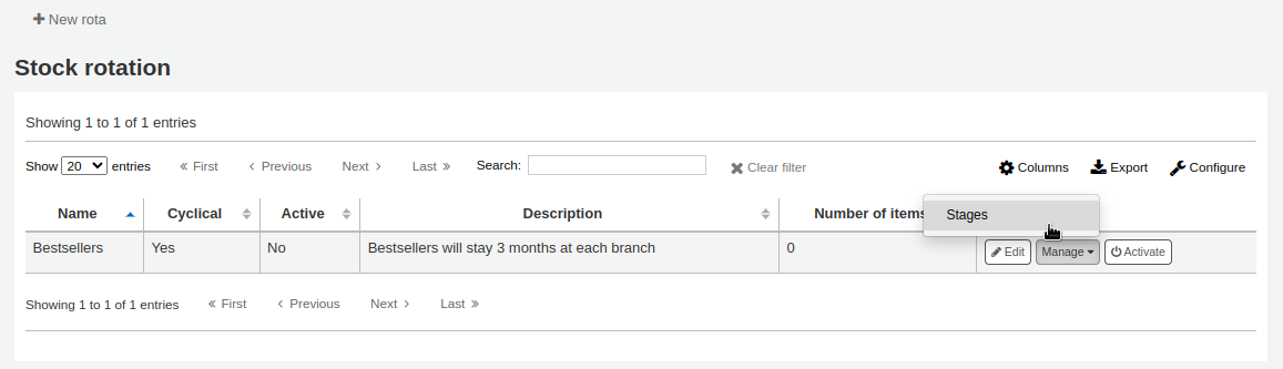 The stock rotation summary page, there is one rota in the table, the 'Manage' button on the right of the rota is clicked and the mouse cursor is on the 'Stages' option