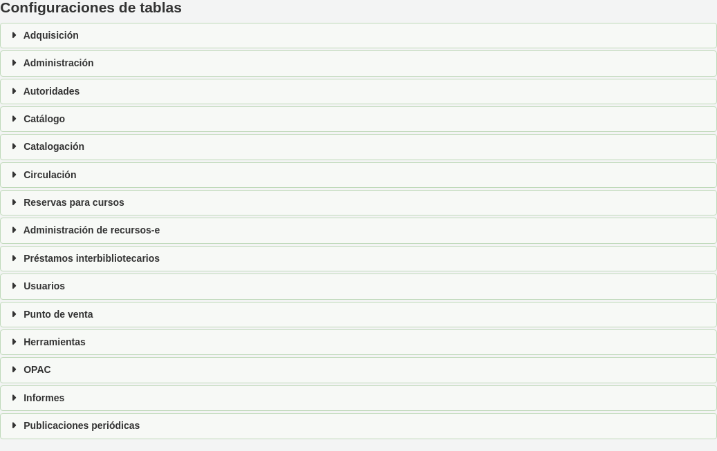 Screenshot of the Table settings page, where we can see all the modules of Koha that have customizable tables