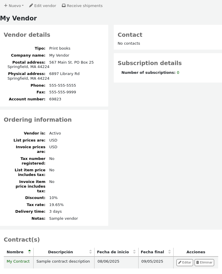 Vendor information page