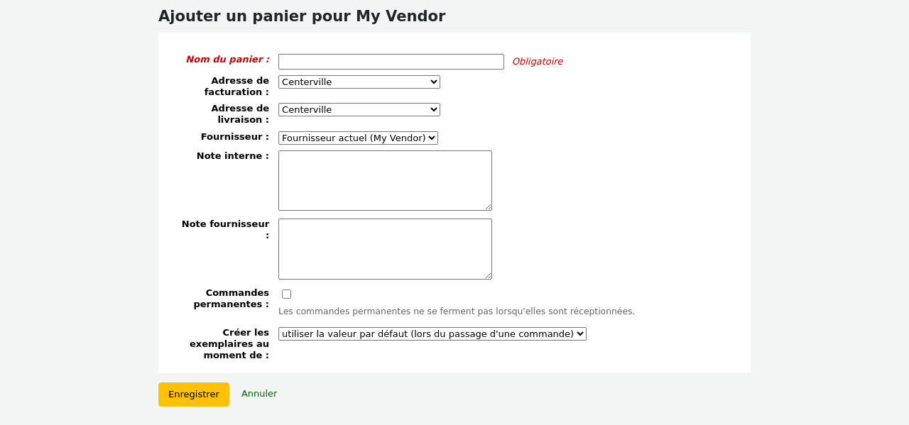 Formulaire de Nouveau panier