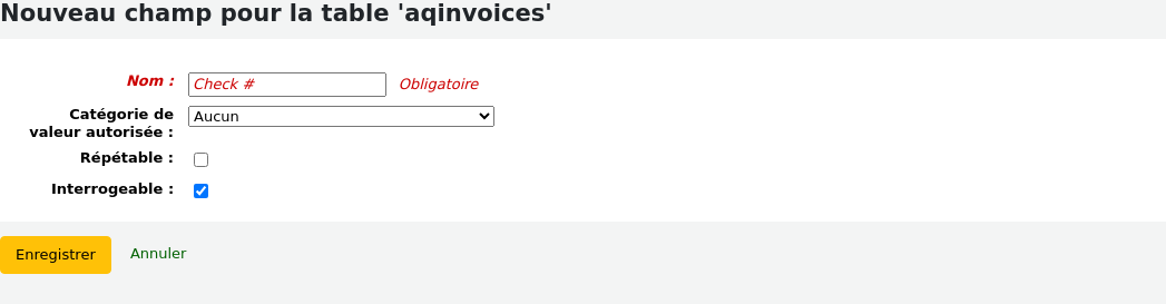 Add field form, filled with Check # as the Name, and Searchable is checked