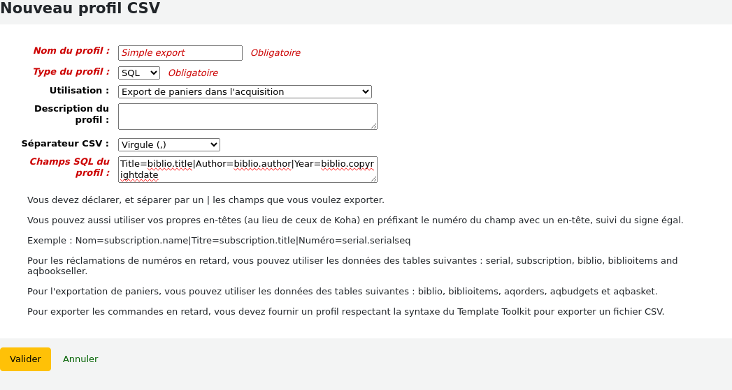 Add new CSV profile form filled with SQL information