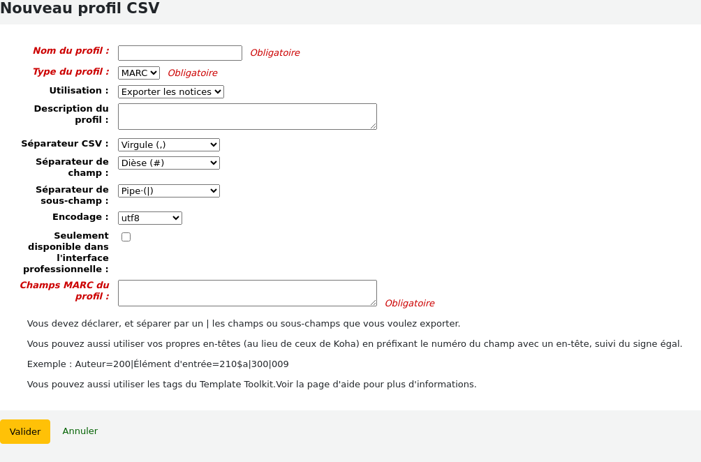 Formulaire d'ajout de profils CSV
