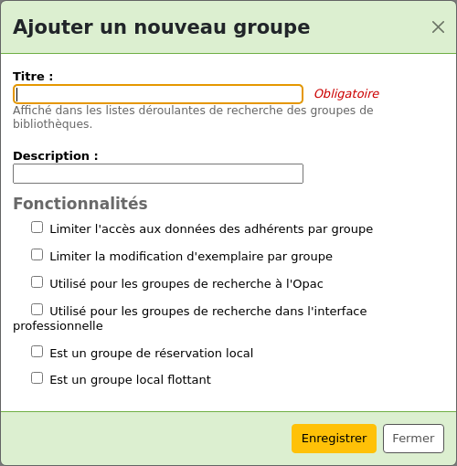 Formulaire de création de Groupe de bibliothèques