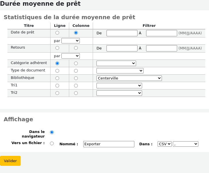 Assistant de création de rapport pour la durée moyenne de prêt, avec des options de choix des paramètres du rapport (date de prêt, catégorie d'adhérent, type de document...)