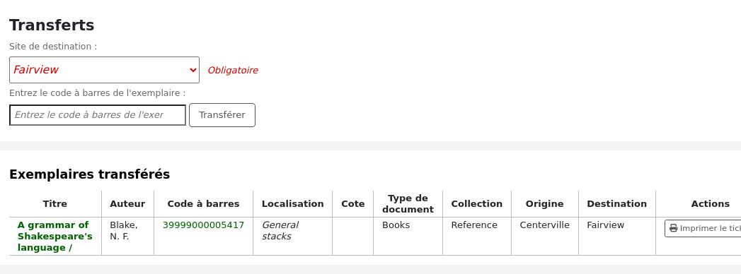 Form to transfer an item to another library, followed by a table containing items that have been transferred
