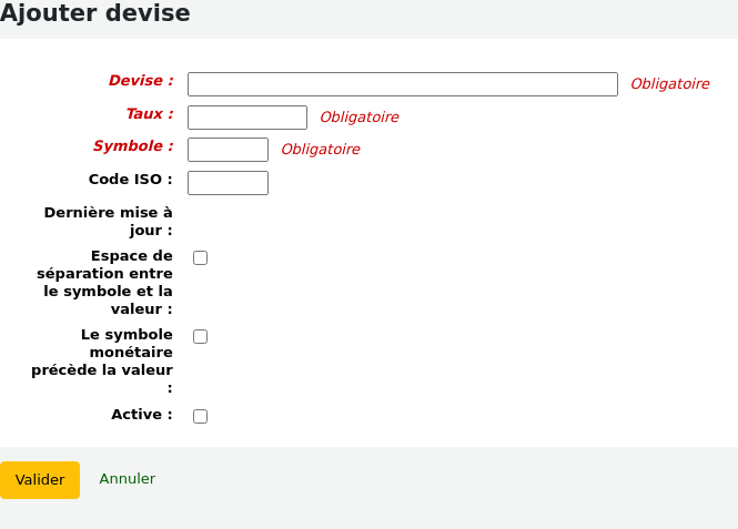 Form to add a new currency