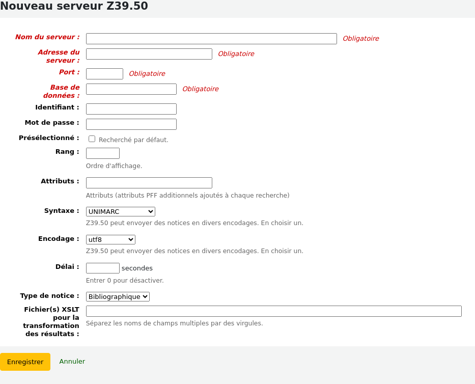 New Z39.50 server form