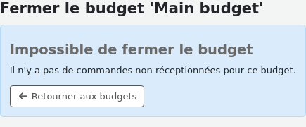 Message reading "There are no unreceived orders for this budget." with a link to go back.